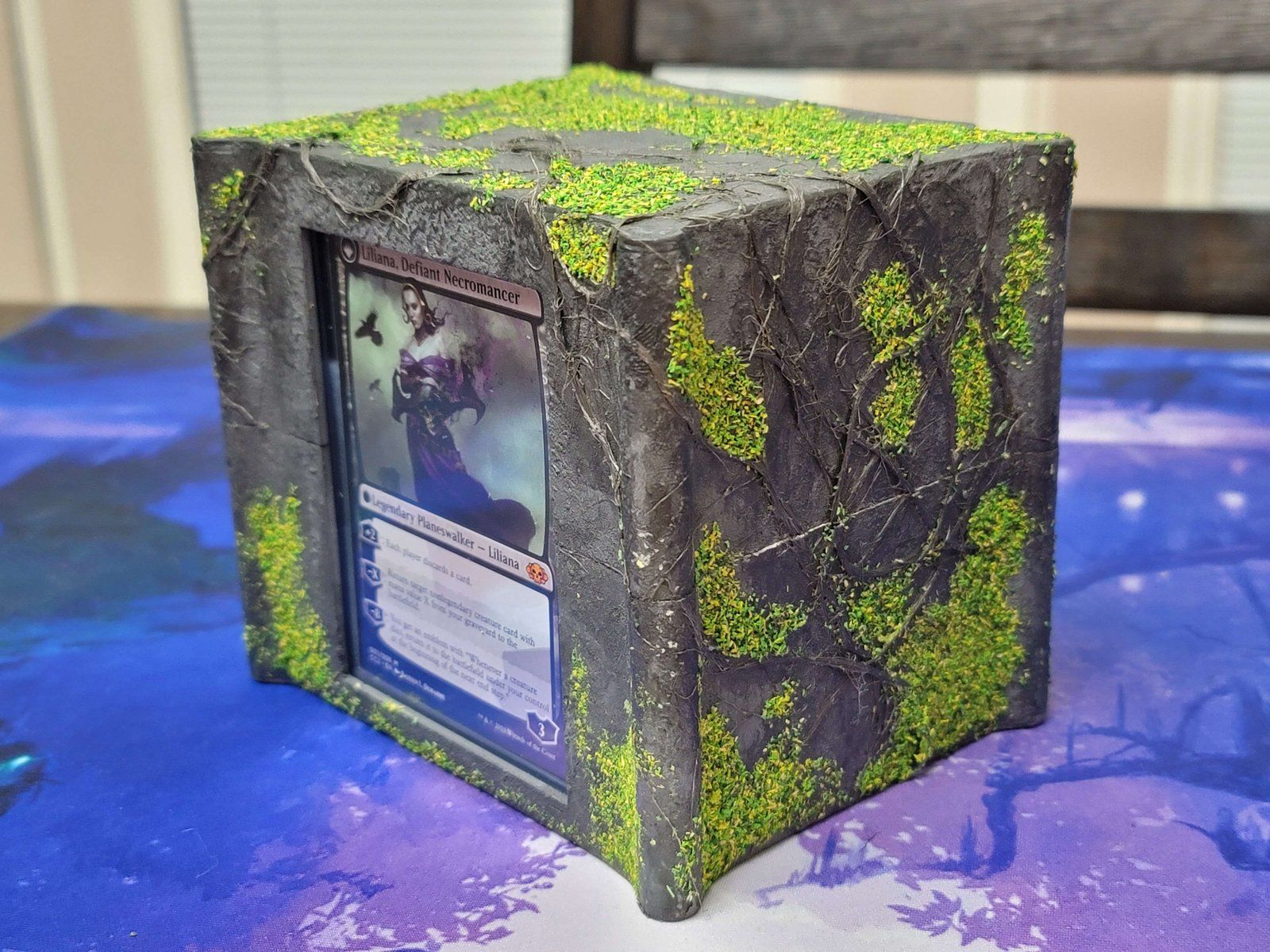 The stone deck box’s window side, at an angle