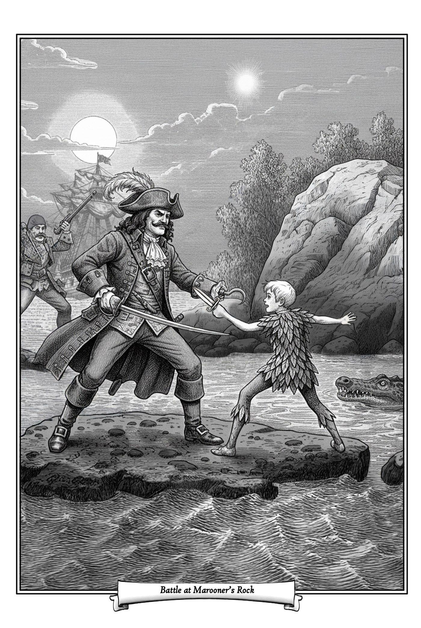 Battle at Marooner’s Rock: Captain Hook and Peter Pan face off on a rock as the crocodile watches
