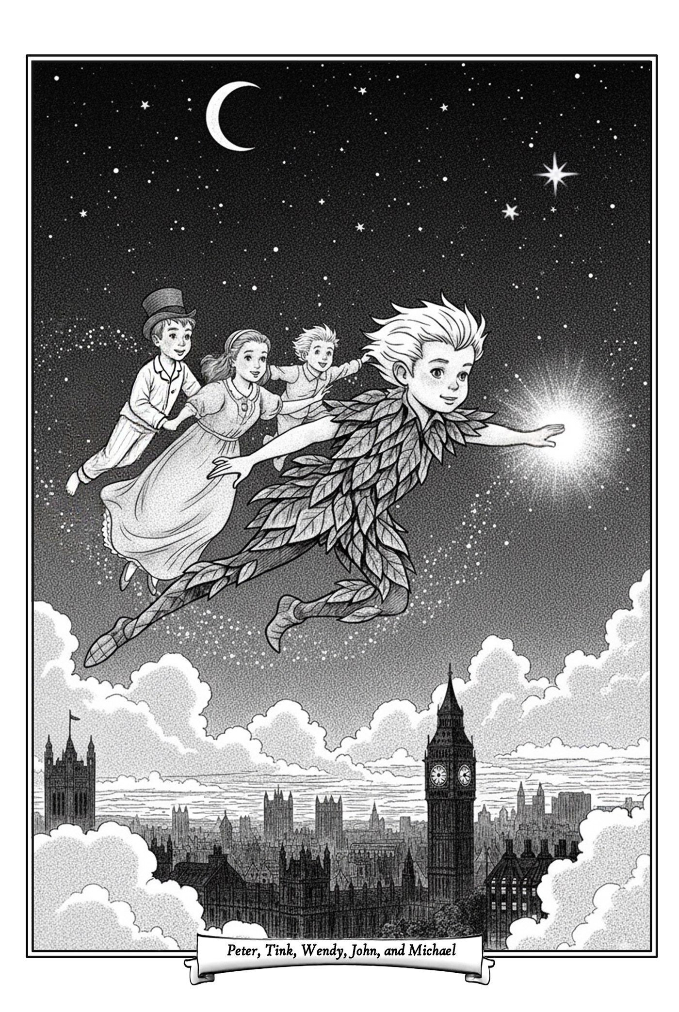 Peter, Tink, Wendy, John and Michael fly over London at night, past Big Ben