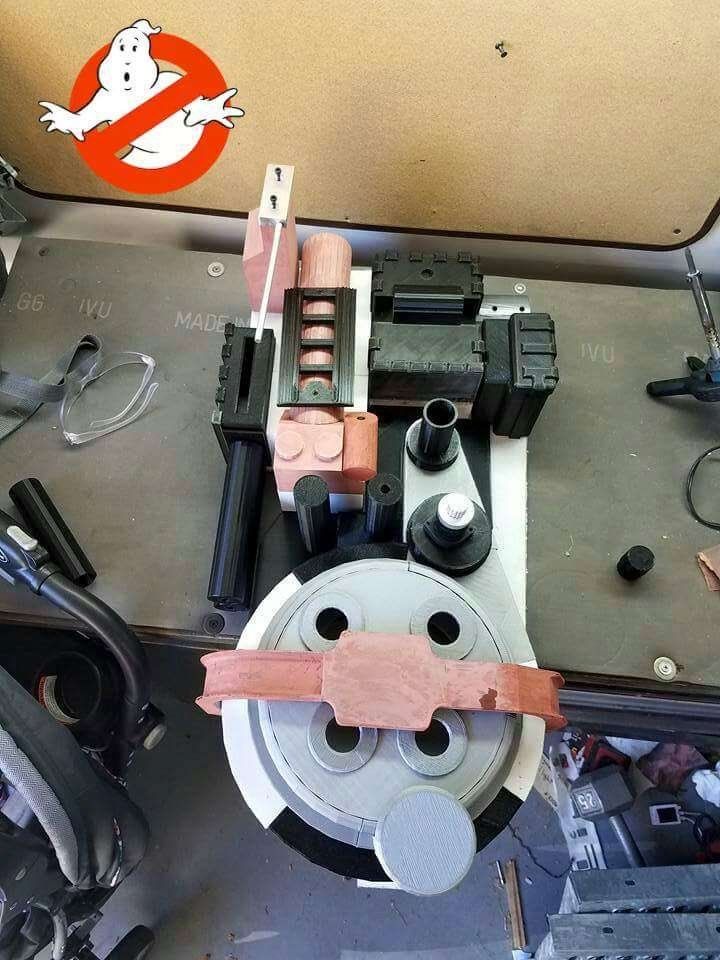 The proton pack mid-build, with its printed parts