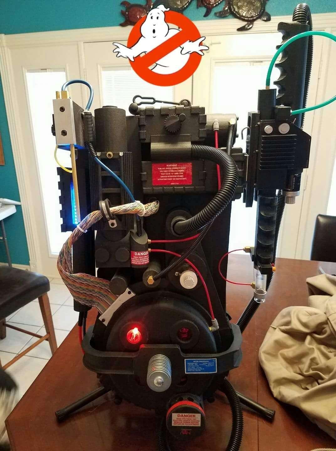 The finished proton pack on its stand