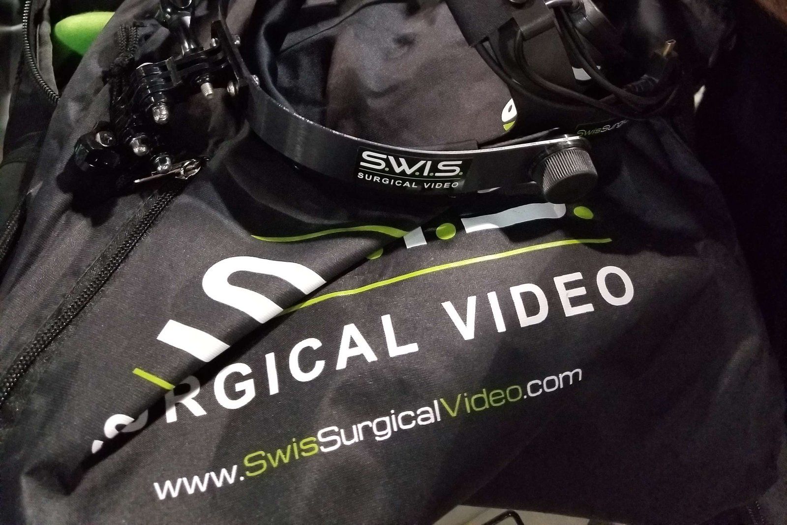 The S.W.I.S. Surgical Video headset on its carry bag at CES 2018